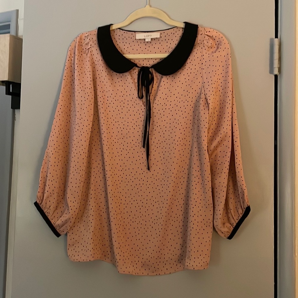 Loft Coral and Black Polka Dot Long Sleeve Top